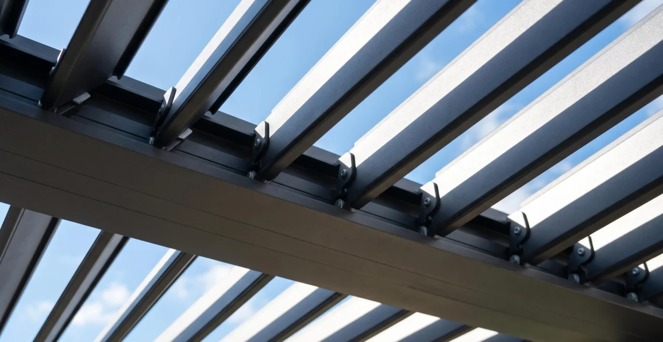 Gros plan sur lames orientables en aluminium anthracite d'une pergola bioclimatique en position intermédiaire, lumière naturelle filtrant entre les profilés créant jeux d'ombres