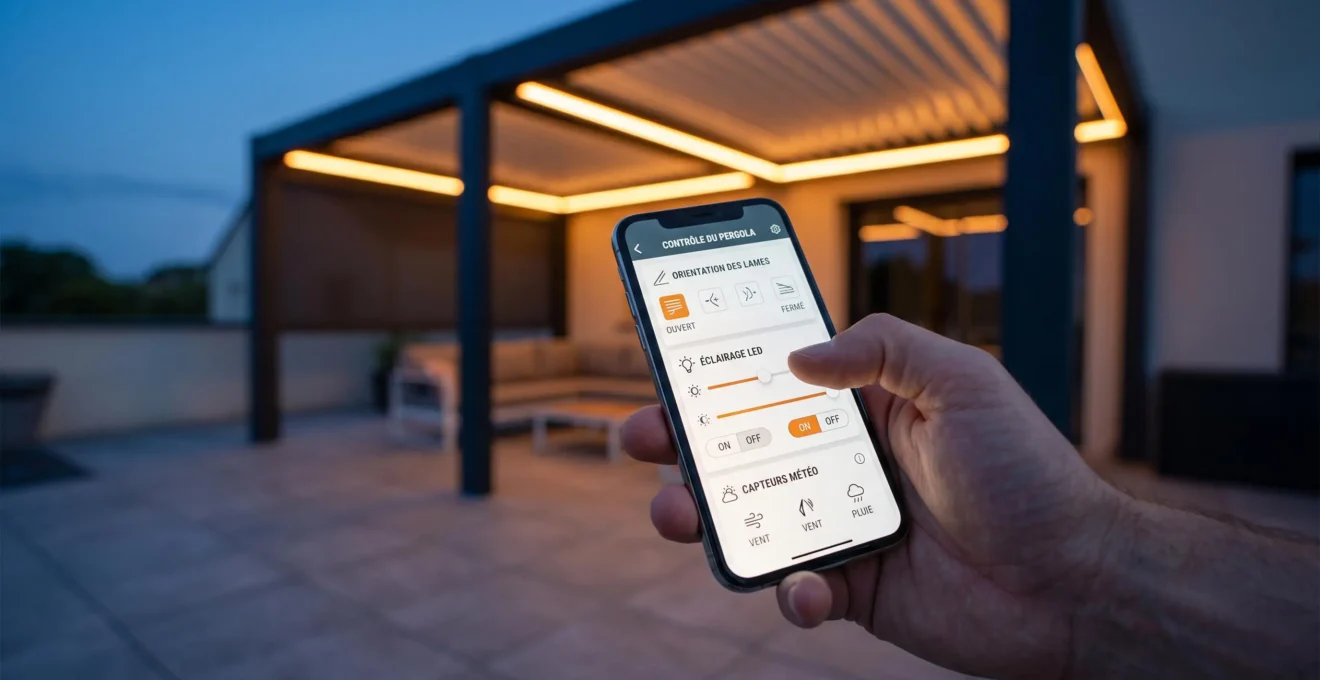 Main tenant smartphone affichant interface de contrôle domotique d'une pergola bioclimatique en français, pergola avec éclairage LED en arrière-plan au crépuscule