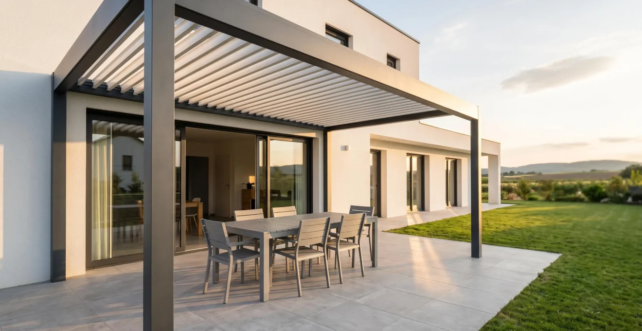 Pergola bioclimatique design en aluminium anthracite avec lames orientables semi-ouvertes installée sur terrasse contemporaine, maison moderne en arrière-plan, lumière dorée de fin d'après-midi