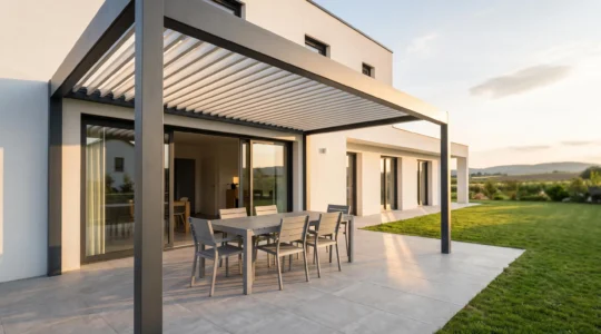 Pergola bioclimatique design en aluminium anthracite avec lames orientables semi-ouvertes installée sur terrasse contemporaine, maison moderne en arrière-plan, lumière dorée de fin d'après-midi